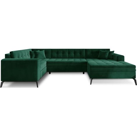Canapé panoramique convertible BONTY velours matelassé A droite-Vert épinard-Méridienne A droite (1/5)