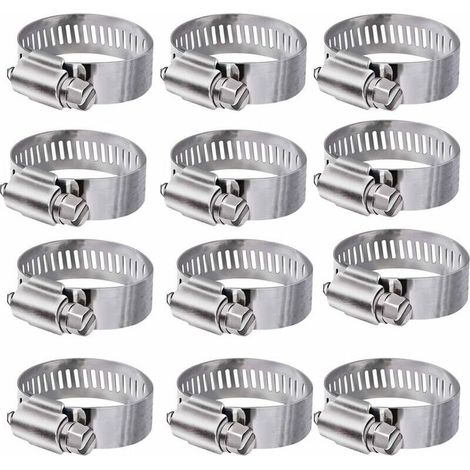 12Pcs (16-25mm) Hose Clamp 304 Stainless Steel Adjustable Hose Clamps Clips Fastener for Family Water Pipe, Gas Tank, Automobile Tube
