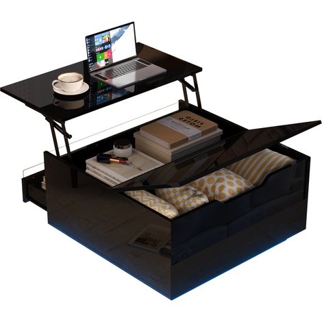 Table basse 70x70x38 cm pour salon, table relevable avec bande LED, table canapé avec 1 tiroir, table d’appoint brillante avec rangement caché et portes relevables, noir