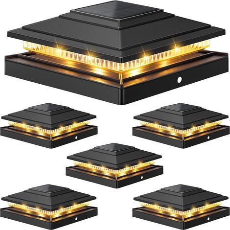 Lot de 6 Lampes Solaires Capuchons de Protection,8LEDs,IP65 étanche Solaire Lumières Lampe Solaire de Jardin Extérieures pour poteaux de clôture 44 55 66 Noir [Classe énergétique G] (1/4)