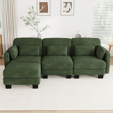Modulares 3-Sitzer-Ecksofa mit Ottomane, grüne Chenille, 253 x 143 x 88 cm REDOM (1/5)