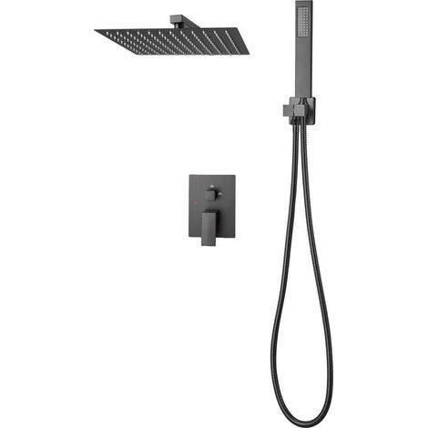 Mophorn Juego de grifo de ducha de lluvia con cabezal cuadrado de 30,5 cm y rociador manual, sistema de baño montado en pared con válvula de latón y kit decorativo, flujo de 6,7 L/min, acabado negro