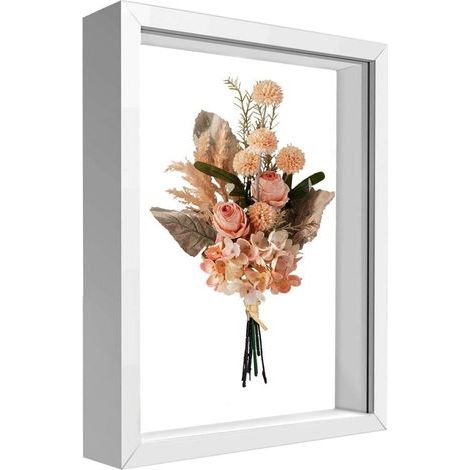 Cadre Photo 3D - Profondeur 4,5 cm - Format A4 20x29 cm - Pour Photos, Œuvres Artistiques, Médailles et Fleurs Séchées - Blanc (1/5)