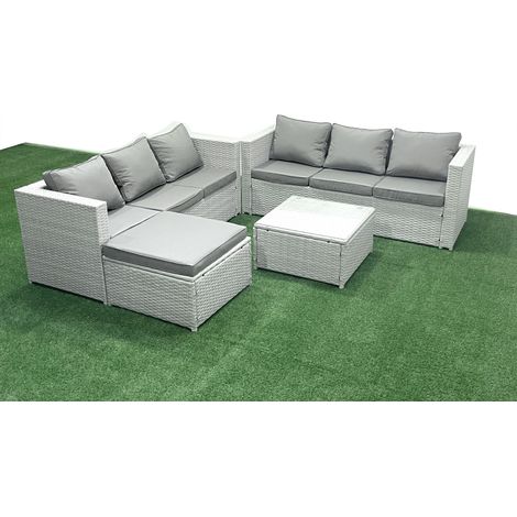 Fimous Rattan Garden Outdoor Furniture Set 7 Seater Rattan Garden Sofa Set with Big Footstool Light Grey Mixed (1/5)
