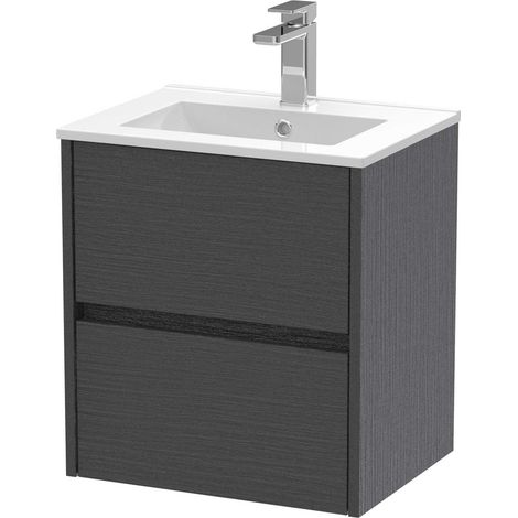 Nuie Havana Graphite Grey Woodgrain 500mm Wall Hung 2 Drawer Vanity Unit and Minimalist Ceramic Basin - HAV2202B