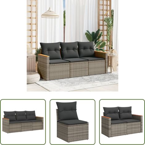 Rattanmöbel - 3-tlg. Garten-Sofagarnitur mit Kissen Grau Poly Rattan (1/5)