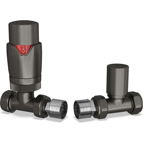 Stirling Bold - Pewter Thermostatic Radiator Valve & Lockshield Straight 10mm