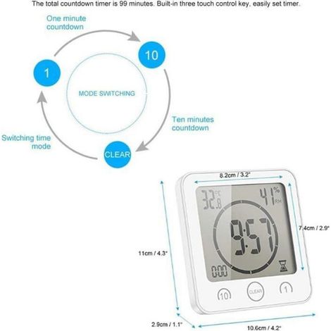 Horloge De Douche - Écran LCD Numérique - Commande Tactile Étanche - Thermomètre Et Hygromètre Intégrés - Minuterie Compte À Rebours Jusqu'à 99 Min - Alimentation Piles AAA - Blanc (1/4)