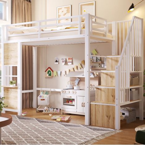 Lit mezzanine enfant 90x200 cm métal et MDF blanc, rangement gain de place, sans matelas – MEUBLIV (1/5)
