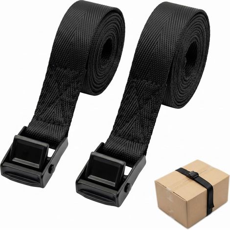 2 Pièces Sangle d'Arrimage avec Boucle en Alliage de Zinc, Sangles de Serrage Noir (100cm + 150cm), Courroies de Tension pour Fixation de Bagage, Porte-Vélo, Déménagement et Transport (1/5)