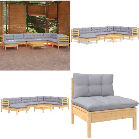 9-tlg. Garten-Lounge-Set mit Grauen Kissen Kiefer Massivholz - Gartenzubehör - Lounge Set - Gartenmöbel - Rattan Möbel - Outdoor Furniture - Home & Living (1/5)