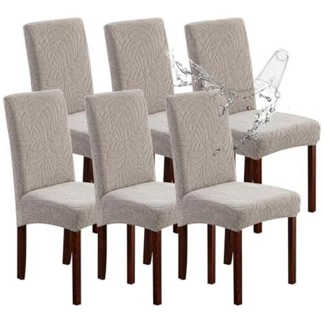 Lot de 6 Housses de Chaise pour Salle à Manger Extensibles, Amovibles et lavables en Jacquard, Protection pour chaises de Cuisine, hôtel, Restaurant (Feuilles Gris Chaud) (1/4)