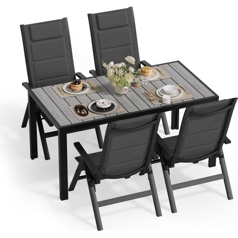 Salon de Jardin Extérieur : 1 Table en Aluminium Imitation Bois + 4 Chaises Longues Pliantes. Solide et Durable. Idéal pour Les Balcons, Les Jardins et Autres Espaces Extérieurs. (1/5)