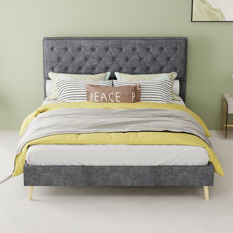 Letto in tessuto e metallo grigio 140x200 cm con testiera alta imbottita e rete a doghe (1/5)