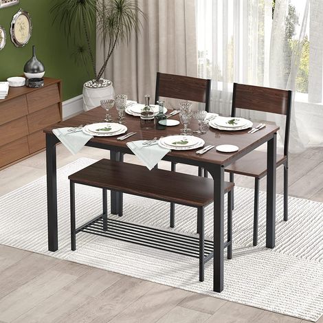 SogesHome Essgruppe Set 4 Stück Küche Esszimmer Tischsets für 4 Personen Moderner Holztisch mit 2 Stühlen und Einer Langen Bank Platzsparendes Tischset für Restaurant Coffee Shop