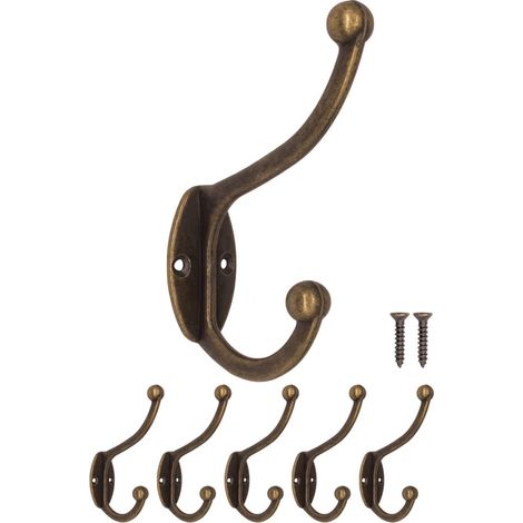 Lot de 5 crochets muraux en fer pour portemanteaux, chapeaux, serviettes, vêtements Aspect bronze/laiton vieilli Style vintage/maison de campagne Vis incluses (1/5)