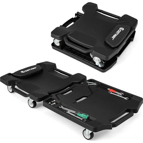 COSTWAY Chariot de Visite Pliable 108 CM, Chariot de Mécanique avec Appui-tête Rembourré, Plateaux-Outils, Planche à roulettes Ergonomique pour Atelier, Garage, Réparation Auto, Charge 158Kg (1/5)