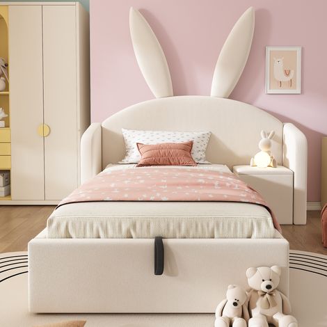 Lit capitonné 90x190 cm avec tête de lit à oreilles de lapin, lit enfant avec rangement hydraulique et table de chevet, lit en velours beige (sans matelas) (1/5)