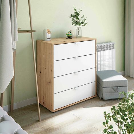 Dmora - Nachttisch Spinello, Niedrige Kommode, Tisch, Multifunktionaler Nachttisch, 78x40 h86 cm, Weiß und Knoteneiche (1/5)