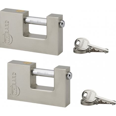 Set di 2 lucchetti LAND rettangolari 90 mm a chiave uguale, 6 chiavi – THIRARD (1/2)
