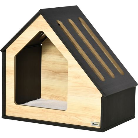 Niche en bois pour petits chiens jusqu'à 8 kg avec coussin en peluche, 60x40x59,2 cm (1/5)