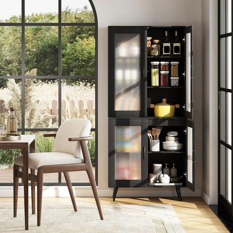 Buffet de 178,5cm de Haut avec 4 Portes Transparentes Étagère Réglable Buffet Indépendant avec Pieds en Métal Noir (1/3)