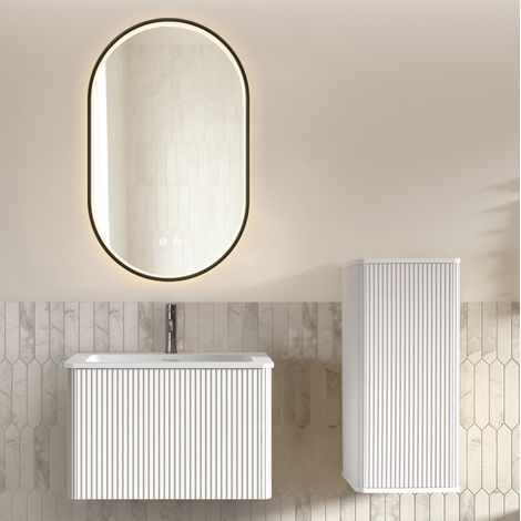 Mobile bagno con lavabo, mobile sospeso 60 cm, specchio LED, bianco HAVRYA (1/5)