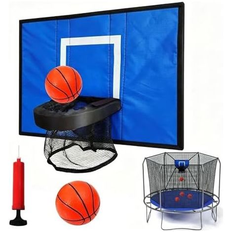 Basketballkorb für Trampolin, flexibler Korb mit Befestigungsmaterial – inklusive Ball und Pumpe, geeignet für Garten, Rasen, Turnhalle, Trampolinzubehör, blau (1/5)