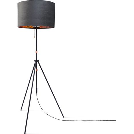 Paco Home Suspension Lampadaire Trépied Salon Abat-Jour Velours Monochrome E27 Anthracite Or (Ø45.5 cm), Lampadaire - Type 2 - Noir