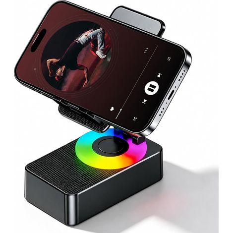 Support pour Banque d'alimentation Audio Bluetooth: Haut-Parleur Bluetooth avec Support De Téléphone Pliable, Lumière Ambiance RGB, Base Antidérapante, Supports De Téléphone Audio (Noir) (1/5)