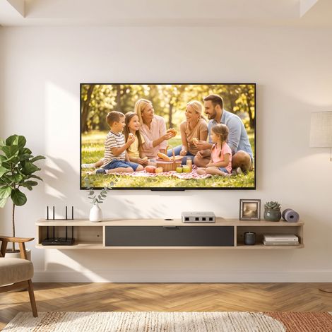 Meuble TV mural en bois naturel 180x24x16cm, support téléviseur jusqu'à 75 pouces, étagère rabattable avec 2 tablettes, meuble bas suspendu pour salon moderne. (1/5)