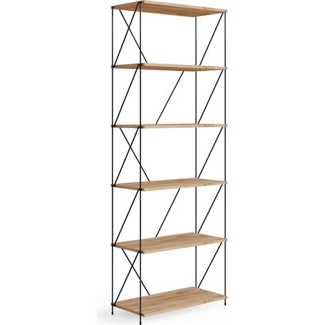 Industrial Style Display Bookcase Wide 6 Tier Storage Unit Oak Wood Black (1/5)