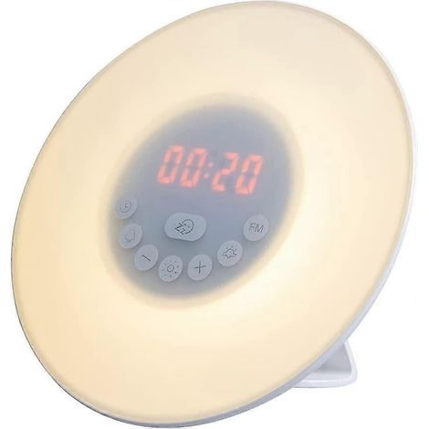 Réveil simulateur d'aube avec lumière de réveil, réveil lumineux avec fonctions lever de soleil et snooze, lumière d'ambiance 7 couleurs, radio FM et port de chargement de téléphone intégré. (1/4)