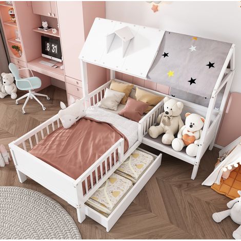 Cama infantil casita 90/200 cm blanca de madera maciza y MDF con cajones de almacenaje (1/5)