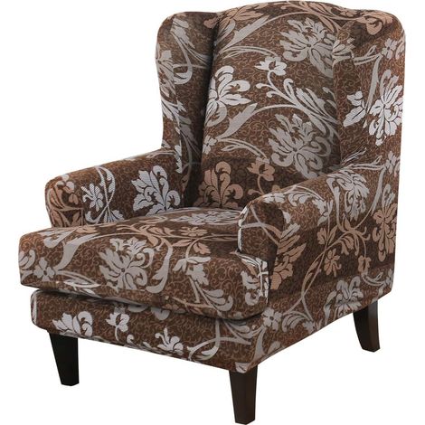 Set of 2 highly stretchable spandex wingback chair covers with cushion cover for wingback chairs and living room furniture (dark brown and floral white) (1/5)