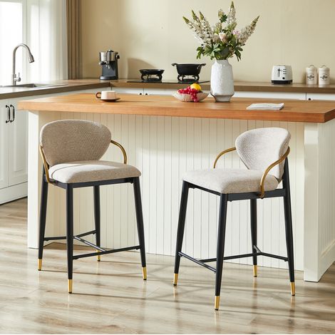 Sgabello da bar in tessuto chenille marrone chiaro, nero/oro, regolabile in altezza, con poggiapiedi,52×57×87cm (1/5)