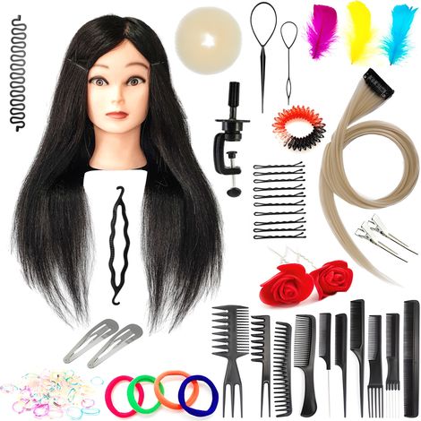 Cabeza de entrenamiento Jessica de 65 cm, negra, cabello natural + mango, para peluquería y peinado. (1/5)