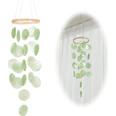 Campana de viento de concha marina, 73 cm, hecha a mano, para exteriores, decoración de jardín, dormitorio, terraza, hogar (verde) (1/4)