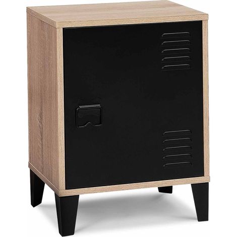 Idmarket – Table de chevet effet bois noir – 1 porte métal – Design industriel – Dimensions 40x30x53 cm – Rangement optimal pour chambre