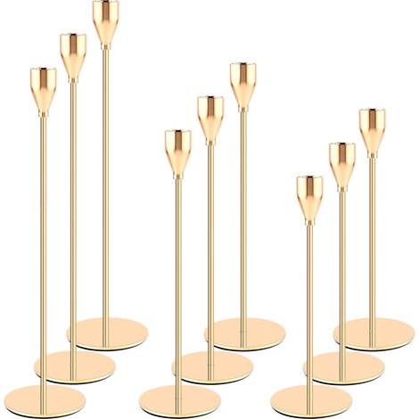 Lot de 9 Bougeoirs Métal Dorés 3 Hauteurs Porte-Bougie Conique Décoration Mariage Fête (1/5)