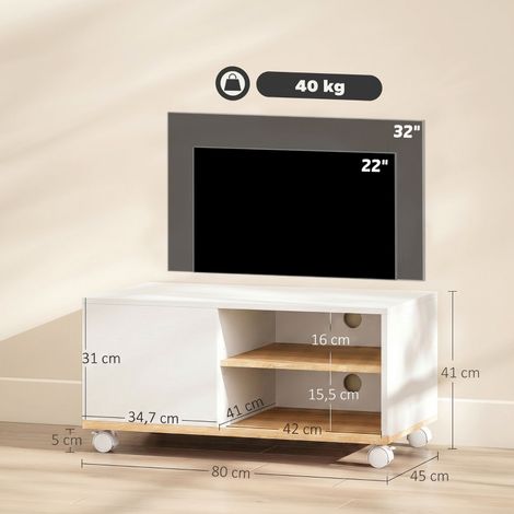 Meuble TV sur roulettes freinées avec placard et étagère ajustable blanc et imitation chêne (1/4)