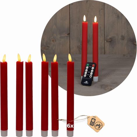 Bougies coniques LED avec minuterie ROUGE 6 pièces intérieur - 6 heures - VRAIE CIRE 18 cm de hauteur pour les bougies 2,2 cm de diamètre 2 piles AAA