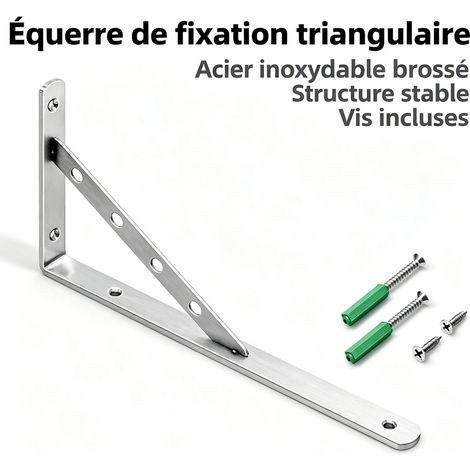 Équerre de fixation murale en acier inoxydable épais 3 mm, support d'étagère triangulaire 300 mm, démontable, avec vis et chevilles - Argenté (1/3)