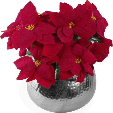 Artificial Christmas Xmas Poinsettias Silver Large Metal Planter (1/5)