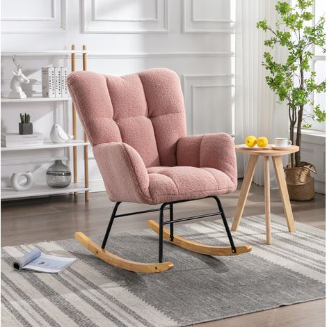 Poltrona a dondolo 80x70x95 cm rosa in Lammfell-Optik con schienale alto imbottito (1/5)