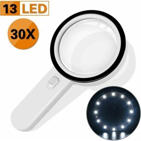 Loupe de lecture, 30X Loupe Eclairante Avec 13 LED Lumières 128mm Loupe Lumineuse pour la Lecture l’Exploration l’Inspection Cartes du Monde Journaux et Bijoux (1/4)