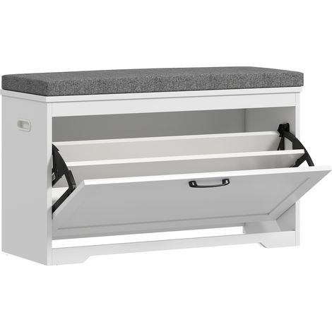 Banc à chaussures d'entrée moderne, siège capitonné, tiroir inclinable et étagère réglable, 80x30x50cm, blanc (1/5)