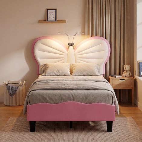 Lit simple 90x190 cm, lit enfant capitonné avec lampe de lecture, tête de lit papillon réglable et sommier, velours, Rose et Blanc (1/5)