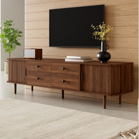 Meuble TV 165 cm en MDF, 4 tiroirs et 2 portes coulissantes, grand rangement, plateau spacieux, angles arrondis, coloris bois foncé, pour salon - CHICFURN (1/5)