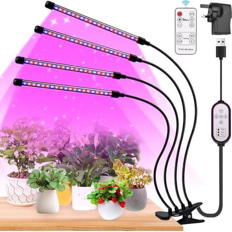 Lampes de croissance pour plantes d'intérieur, 80 LED, 4 bras, spectre complet, avec minuterie, 6500K/3000K/660nm, pour semis et plantes succulentes, avec télécommande et 10 niveaux de gradation.